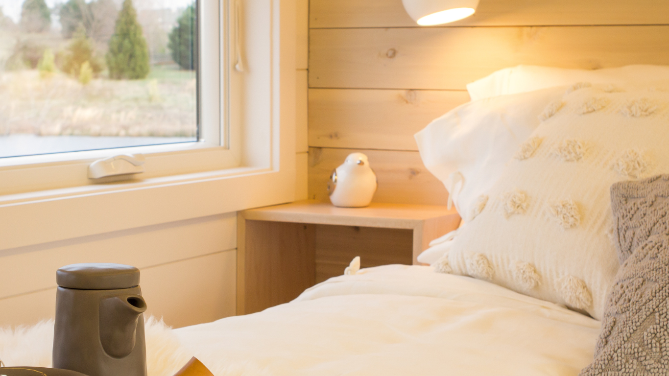 Shiplap siding in bedroom behind bed.