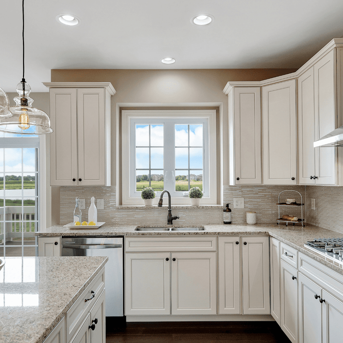 kitchen with white cabinets and light countertops lit up with recessed and hanging lights