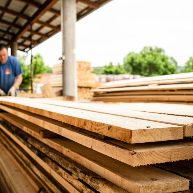 man out of focus stacking lumber in a yard