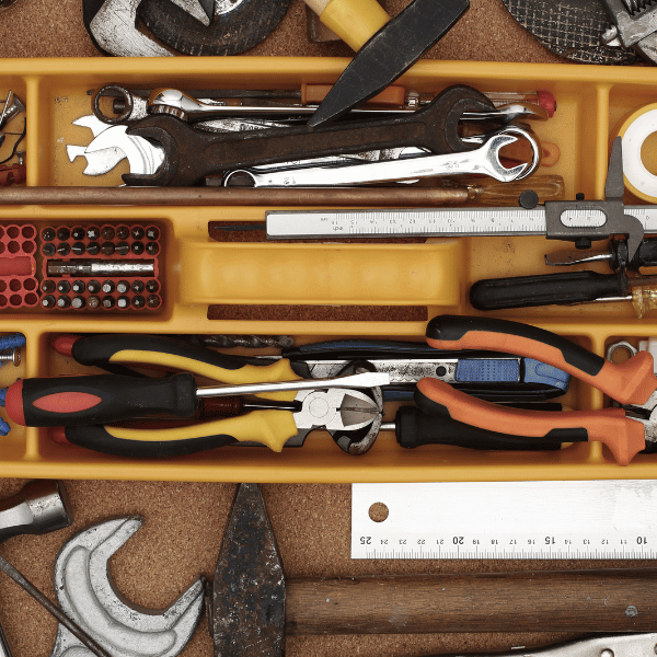 birdseye view of a toolbox organizer and tools