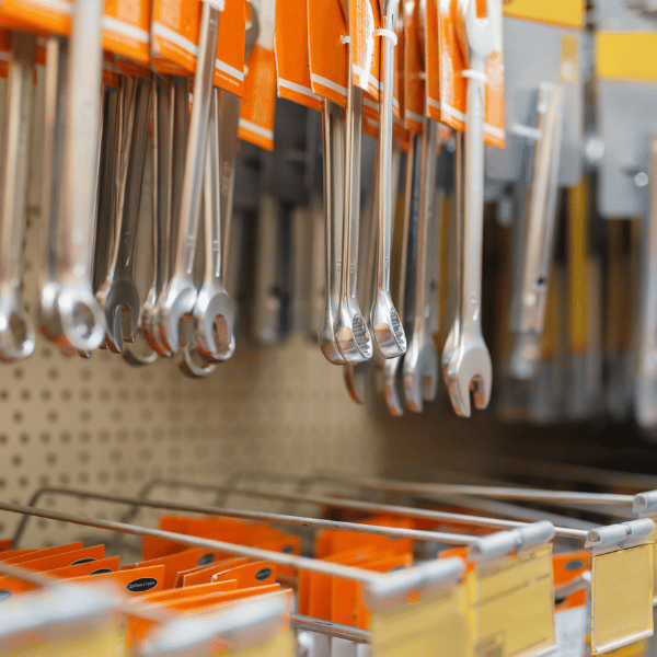 wrenches on a hardware shelf